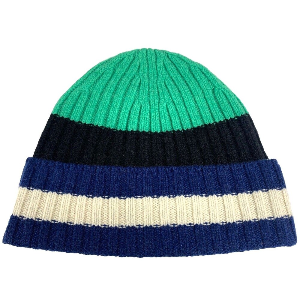 Everlane 100% Cashmere Ribbed Knit Beanie Hat Blue Green Ivory Stripe NWT